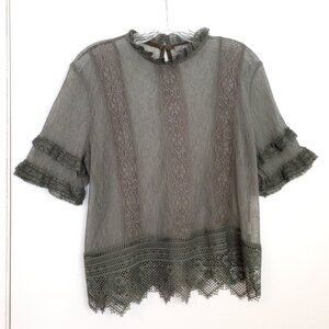 Anthropologie Blue Tassel Mattie Grey Lace Sheer Top